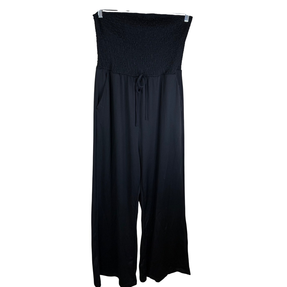 Halara Jumpsuit Black XL Strapless Smocked Wide Leg Drawstring Career Formal